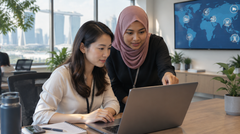 Singapore PR team reviewing multilingual press release translations on laptop